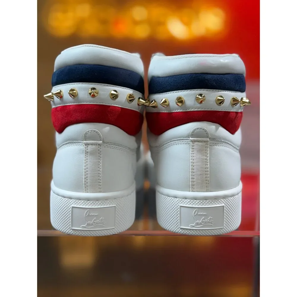 Christian Louboutin Louis Spikes High Top Sneakers White Red Navy Gold EU 40.5